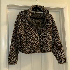 Cheetah print cropped fleece zip up jacket